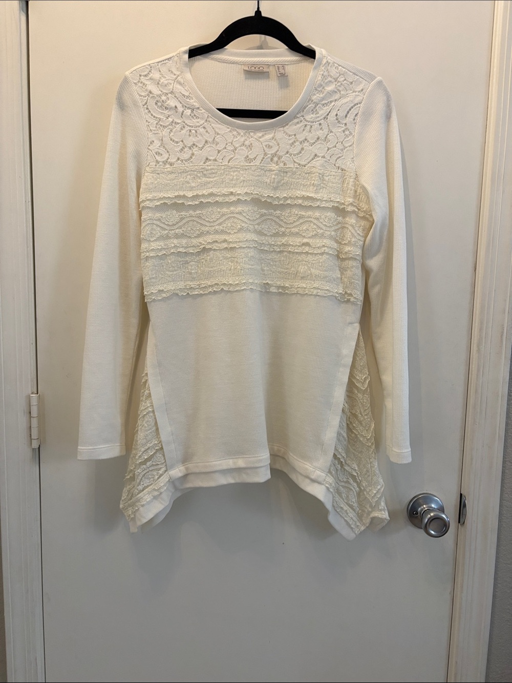 Logo Women's Lace Panel Long Sleeve Top Cottagecore Soft Girl - Cream Size XS